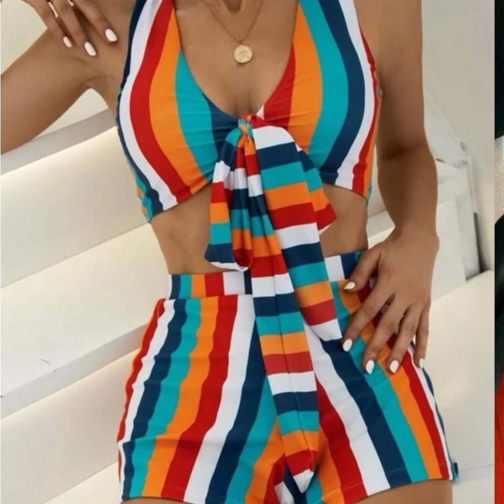 Striped Bikini and Shorts Matching Swimsuit Set